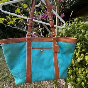 Coach Turquoise and Tan Tote Bag